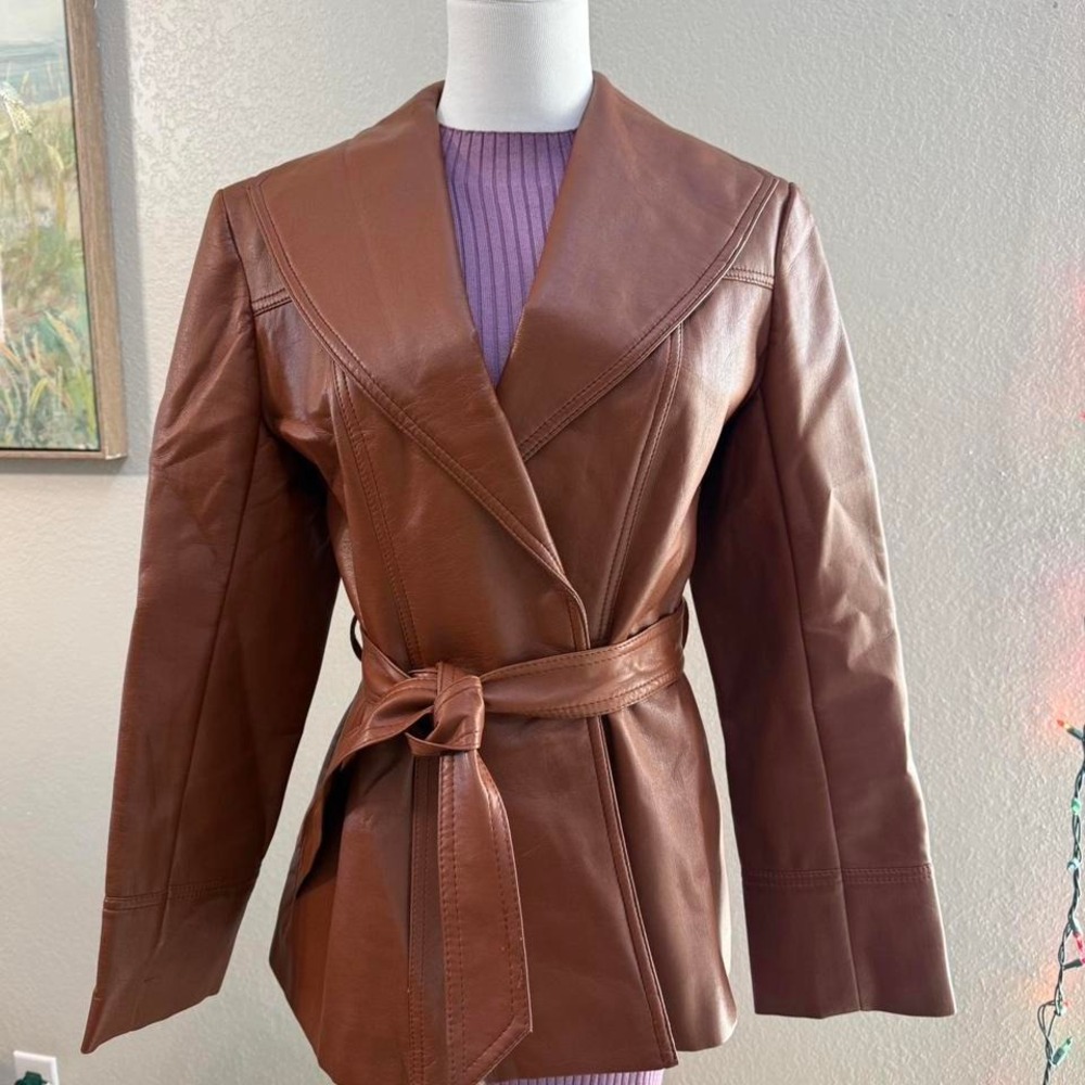 Vintage Brown Faux Leather Belted Jacket – 70s Style Caramel Wrap Coat